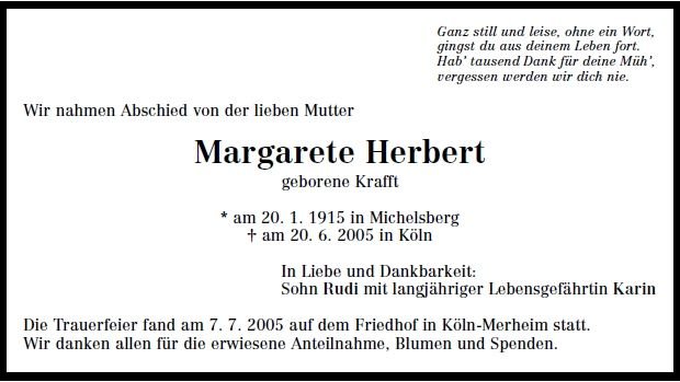 Krafft Margarete 1915-2005 Todesanzeige